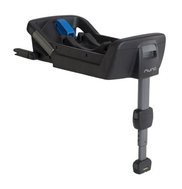 Black ISOFIX car seat base with blue latch and support leg