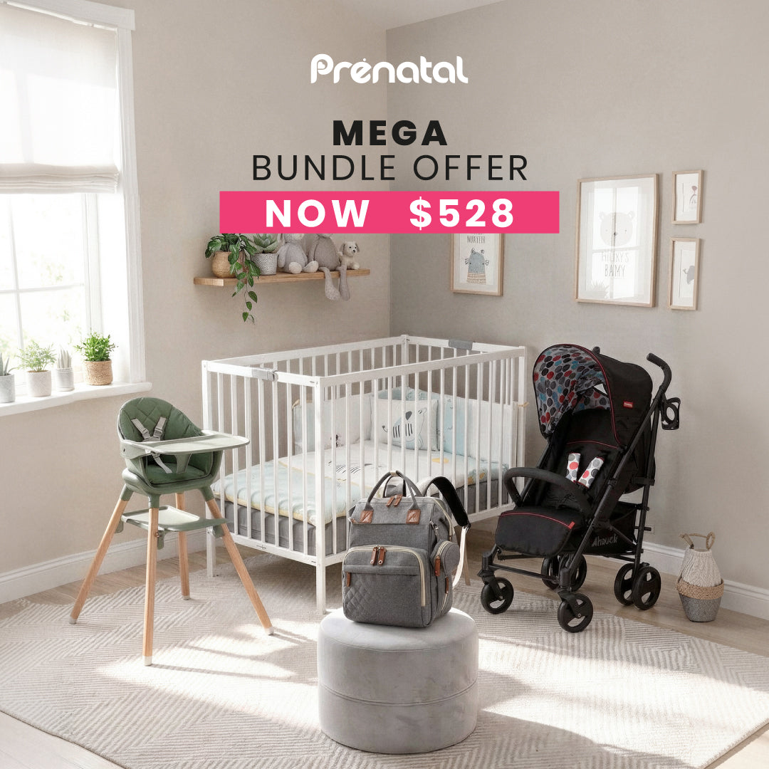 Nursery room with baby furniture and Prenatal branding, featuring a crib, high chair, stroller, and diaper bag.slider_item_ra3T4C