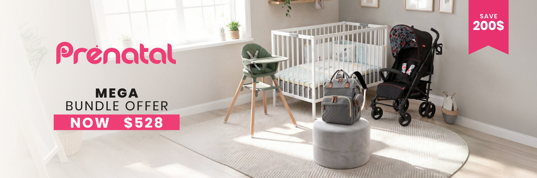 Nursery room with baby furniture and Prenatal branding, featuring a crib, high chair, stroller, and diaper bag.slider_item_ra3T4C