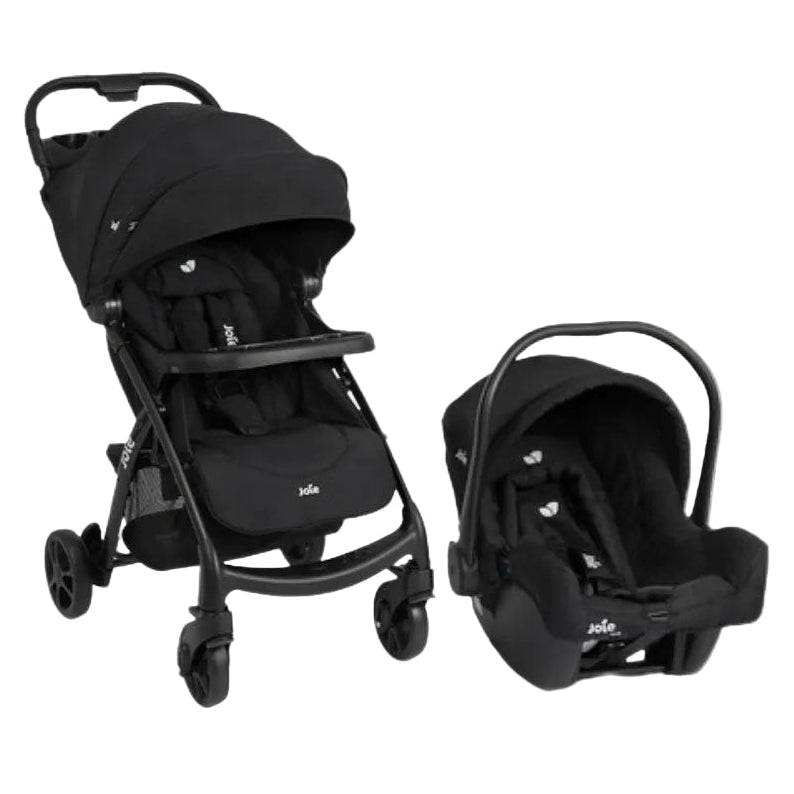 Black stroller and car seat on a white platform with Joie branding.